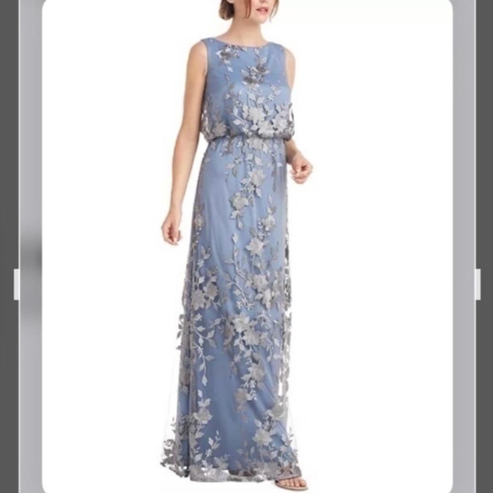 JS Collections Floral Embroidered Mesh Sleeveless Gown in Silver/True Blue Sz 6